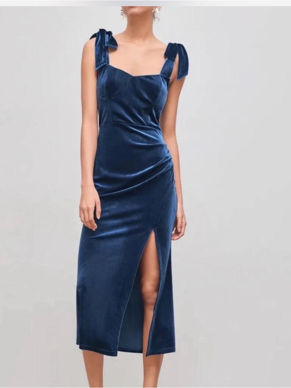 CIDER Velvet Tie-Shoulder Midi Dress in Navy